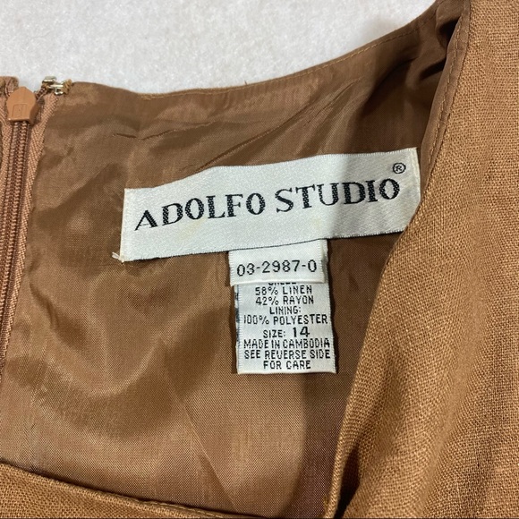 Adolfo Studio Dress Woman’s 14 Linen Blend Maxi Sheath Dress Brown Short Sleeve - Picture 2 of 11